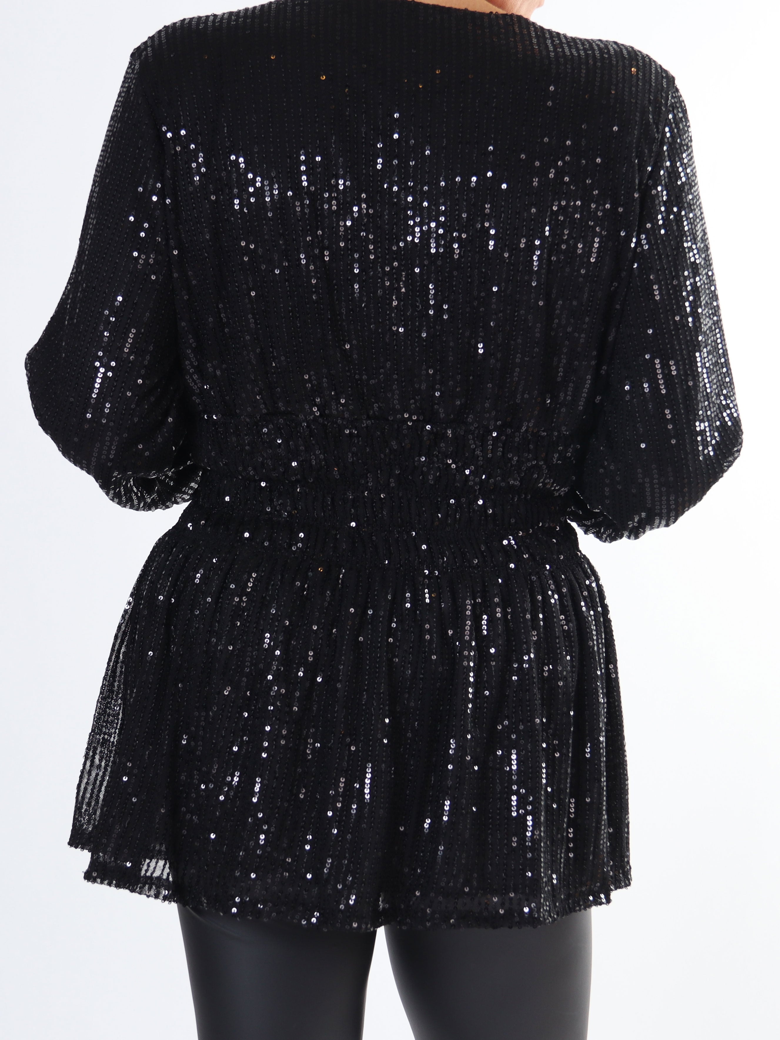 Pams Glitter Shirt L/S - Plus size bluse med pailletter og lange ærmer